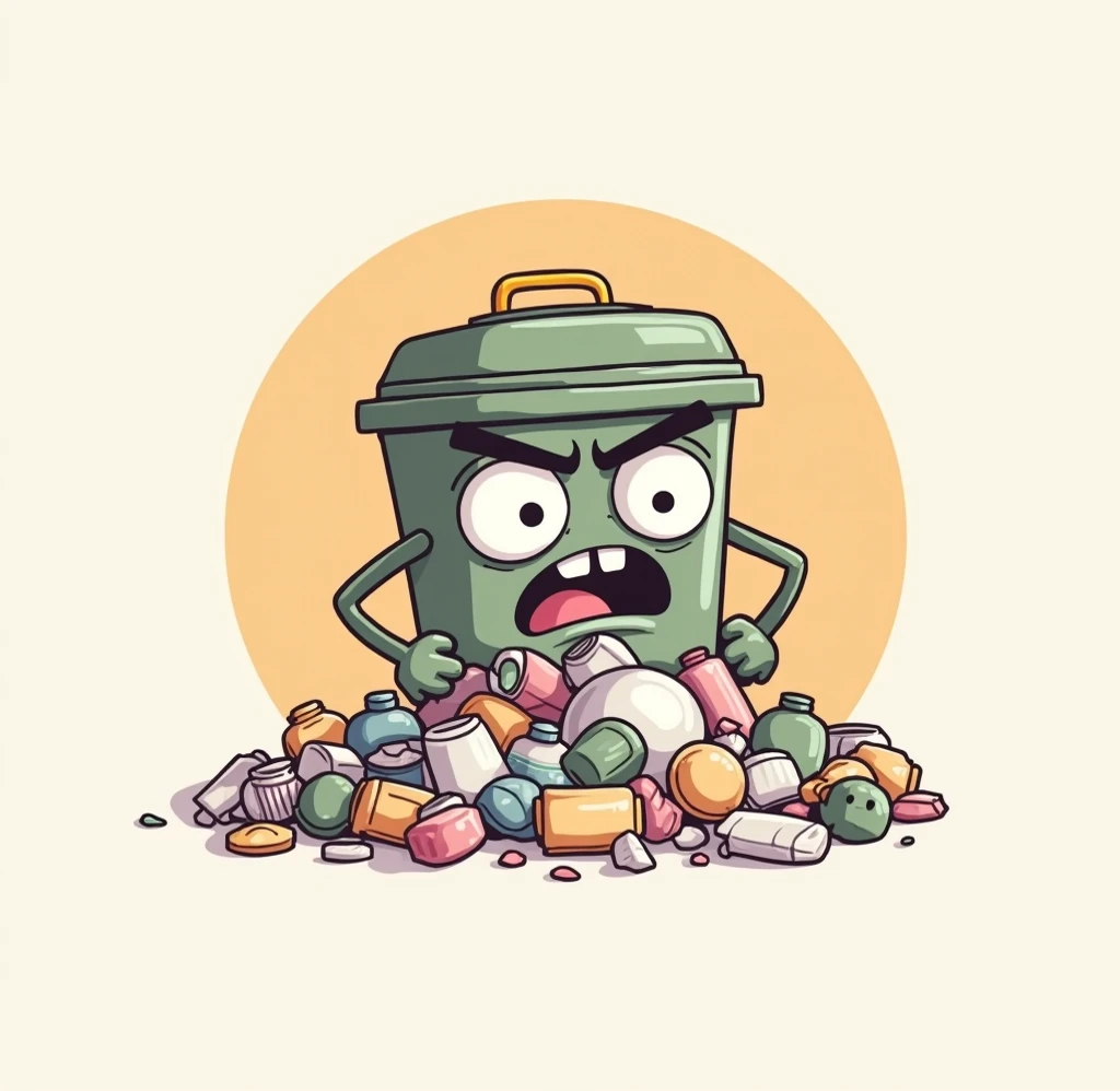 A cartoon trash can, depicted in a vibrant green color, is filled to the brim with various types of garbage, including bottles, cans, and other debris. The trash can is portrayed with an angry expression, featuring bulging eyes, a furrowed brow, and an open-mouthed grimace. Its arms are bent at the elbows, and it is positioned with its hands on its hips, conveying a feeling of frustration and overflowing waste. The trash can's lid is a yellowish-green color with a yellow handle. The cartoon style is exaggerated, with bold lines and bright colors, creating a humorous and somewhat aggressive tone. The background is plain white, focusing all attention on the trash can and its overfilled state. The perspective is straight-on, placing the trash can directly in the center of the image. The overall composition and style are intended for ren's media or educational materials about waste management.