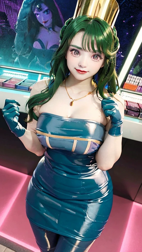 (masterpiece, top quality ,Ultra delicate,  perfect face,16k,   high res ,   very beautiful women,raw photo,very cute), Heavy makeup:1.3,  deep green hair  ,  Blue Latex Bodycon Dress ,   Long Blue Latex Gloves  , Light Green Tights ,  Big Breasts , Tall Cylindrical Gold Headpiece ,   blue-white skin, Red gem on forehead:2.0, ((Cosmetics counter  )),   necklace,  smile ,  cowboy shot