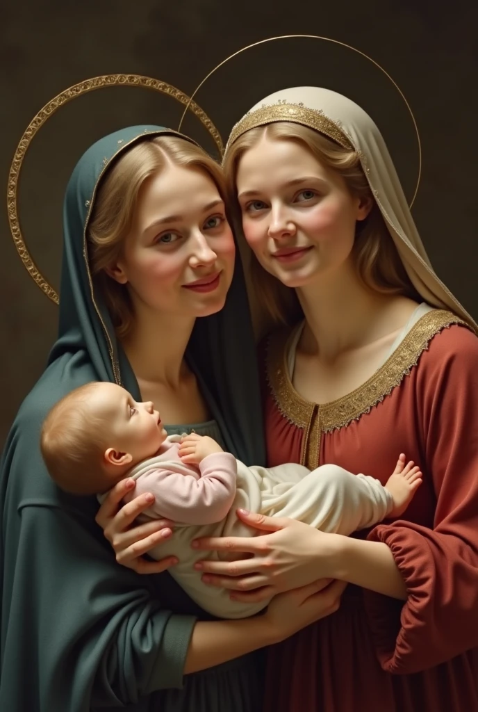 ((best quality)), ((masterpiece)), (detailed), perfect face, virgin Mary with baby Jesus in her arms, 12 angels beside her, red tunic, blue robe, sacred heart in the chest of baby Jesus, pious look