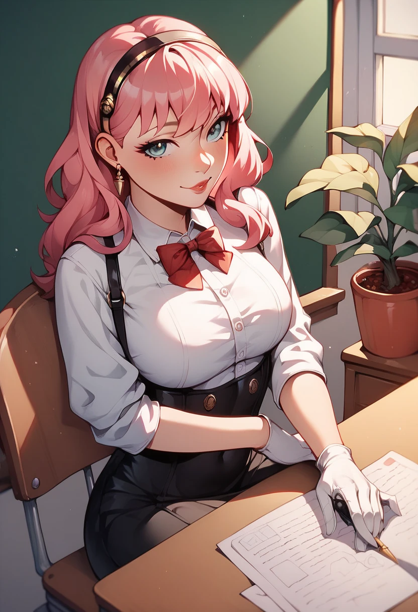 A sexy woman with long wavy pink hair, spy suit with a slight neckline, white gloves, sitting at a desk,