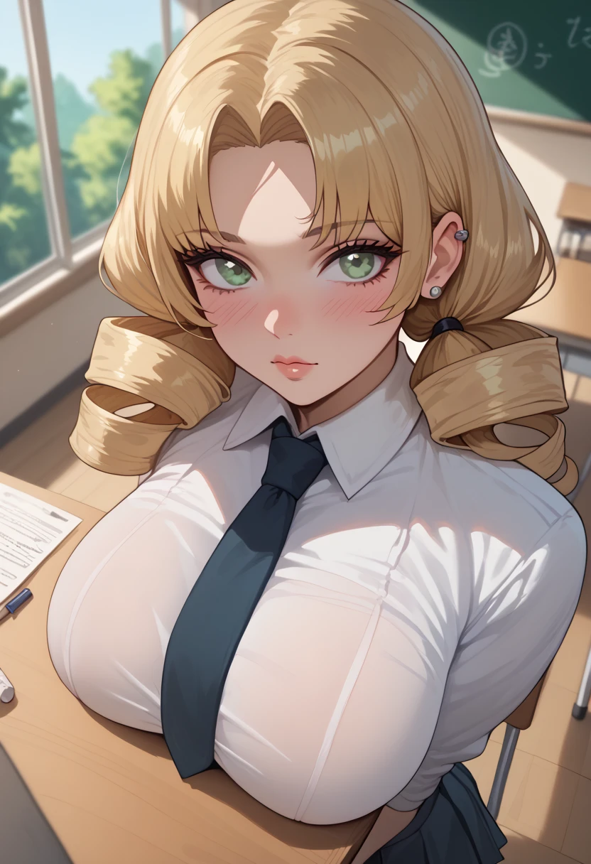 masterpiece,best quality,1girl,CythiaYoung,blonde hair,parted bangs,grey eyes,shy,blush,looking at viewer,  :o, large breasts, thick thighs, put one's legs together:1.2, , necktie, pleated skirt, white legwear, wedge heels, ,rainforest,cumulonimbus,((upper body)), from above, depth of field,looking at viewer, Table, Beautiful woman, , Japanese, Underbust, piercings, Clipping-fc, Bright blonde hair, Curly pigtails, classroom, uniform, 