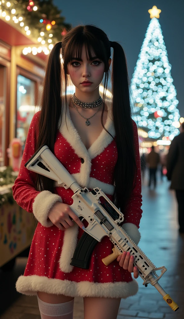 a cinematic full body pictrue of a Russian slim skinny  girl holding an white AR-15 assult rifle, with white vampire color of skin with two Black pony tails long hair to the ground, heavy pastelle Make up with long eye lashes and pink rouge, with a necklace with the text "Love Santa" written on it. (Dressed as santa claus in a skin tight school girl with chrismast dress), super long skinny legs with white over the knee stockings, snow in the air evenning at the christmas market, christmas theme background with christmas tree,Fullbody shot showing legs and feet,