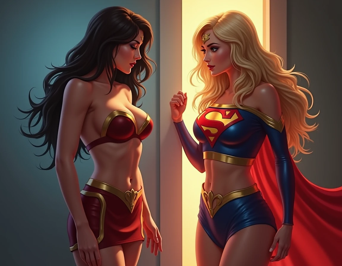 ((Full body photo, standing, feet on the floor)) score_9, score_8_up, score_7_up, score_6_up, 3girls, harley quinn (colored hair, supergirl back, thigh-high gladiator sandals, belly button :1.1) (black hair, back Supergirl, thigh-high gladiator sandals, navel :1.1) . Wonder Woman (black hair, back to Supergirl, thigh-high gladiator sandal boots, level:1.1) and Supergirl (blonde hair, mid-thigh-high gladiator sandals, level:1.3), elegant hotel suite, lovers , in love, lying on a large, luxurious bed, kissing, groping, (cinematic lighting:1.2),, (sunset:1.2).
