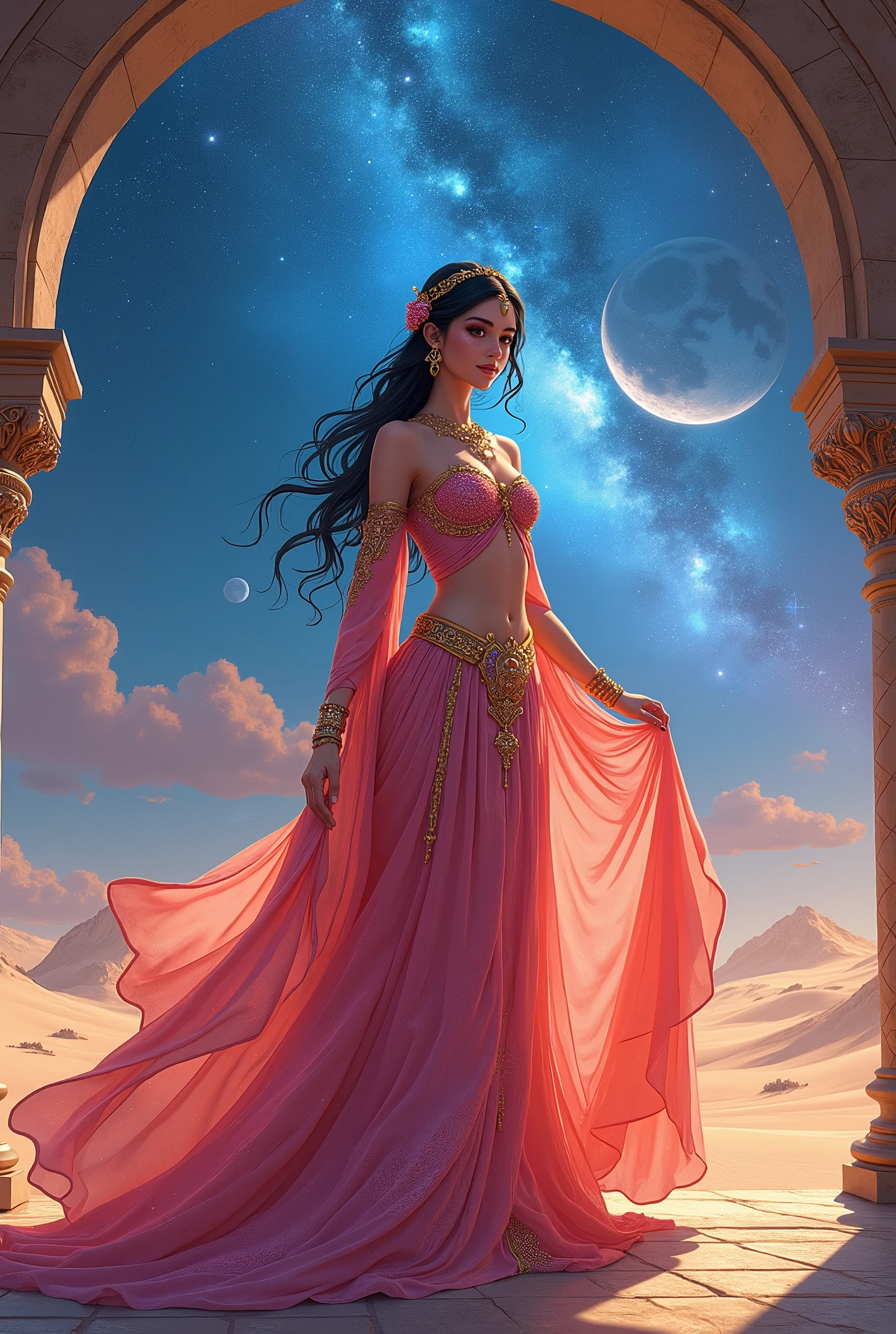  Arabic,  Desert Palace , The beautiful goddess in the anime , Bright, brightly colored dresses, earrings,  necklace,  hair ornament, Jewelry,  body is facing this way, Swirling galaxies on the lunar desert ,  A Beautiful Night Sky ,  moonlight, Manga art,  animation art, 