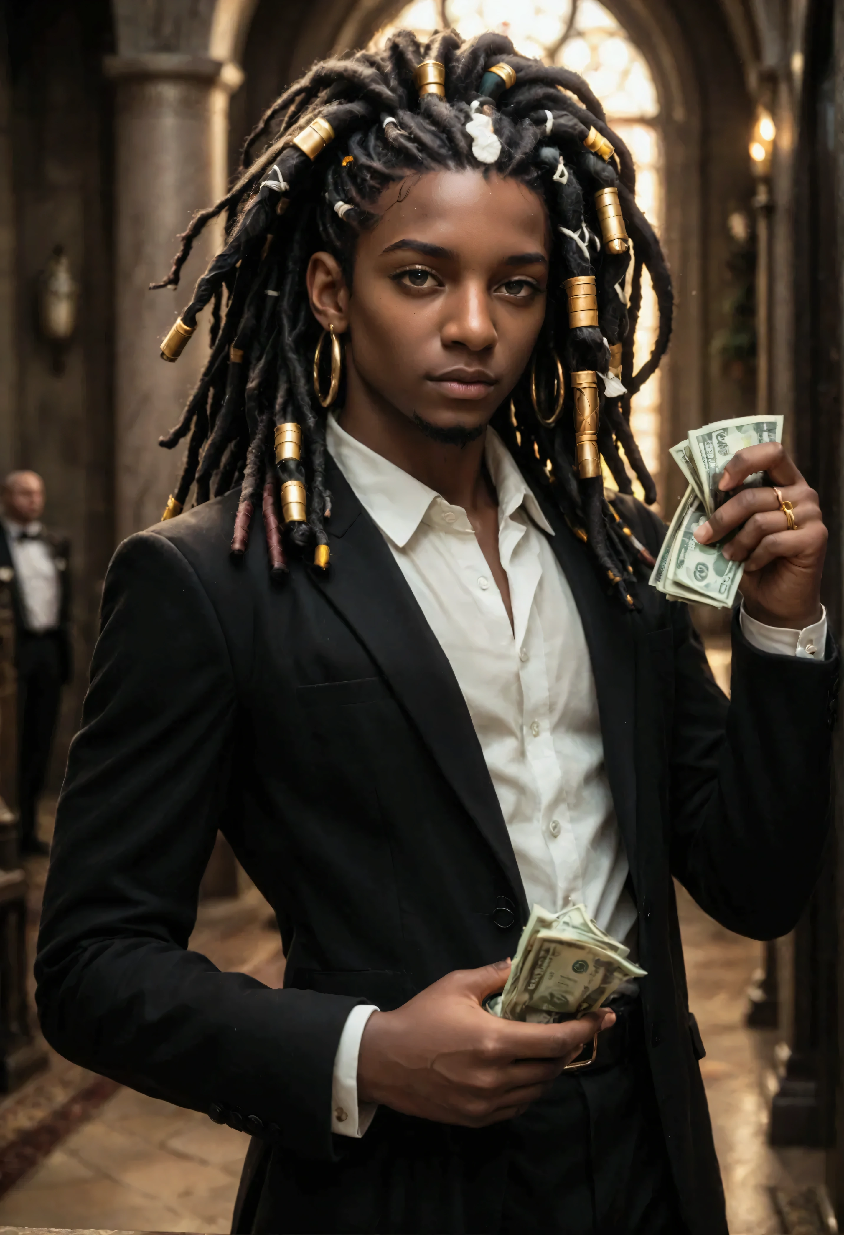 a small  holding a lot of money, with black skin and dreadlocks