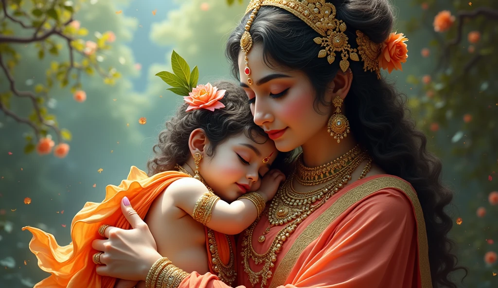 Born lord Krishna on maa Yashoda Lap and Peakcock feather on lord Krishna head