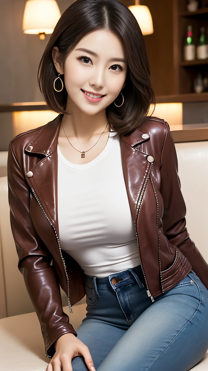 anatomically correct 5 finger Beautiful Korean Woman in the Lounge curly bob hair earrings for women with first name thin due to small things necklace Hotel bar counter Big Breasts Enhancement of breast firmness plump thighs Sensual body ((( leather jacket T shirt Jeans))) looking at camera cute charming smile with hands between legs