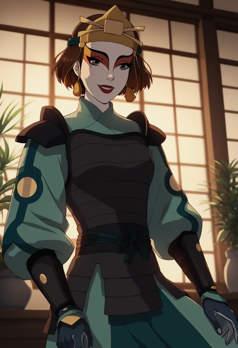 Suki, kyoshi warrior, short hair, brown hair, big brown eyes, makeup, lipstick, gloves, armor, hair ornament, in a room, crouching, beautiful smile, looking at the viewer, alone, cowboy shot, Dutch angle, her chest is very big, beautiful environment with plants in the background, dawn light illuminates the bedroom, sad gesture but with a bit of joy, pastel shades, scene of a beautiful dream with the perfect girl