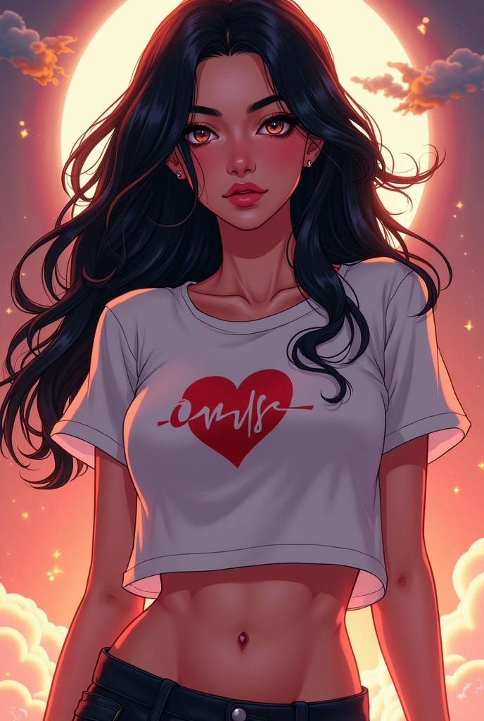 cute anime character girl, hot sister, sticking tongue out, showing middle finger, messy wavy long hair, brown skin, choker with heart pendant, long nails, wearing loose baggy hip-hop fashion, attractive and seductive face, slutty, orgasm, make-up, superlative body proportion, indoors, heart effects, 2.5D, delicate and dynamic, graphic CG digital art