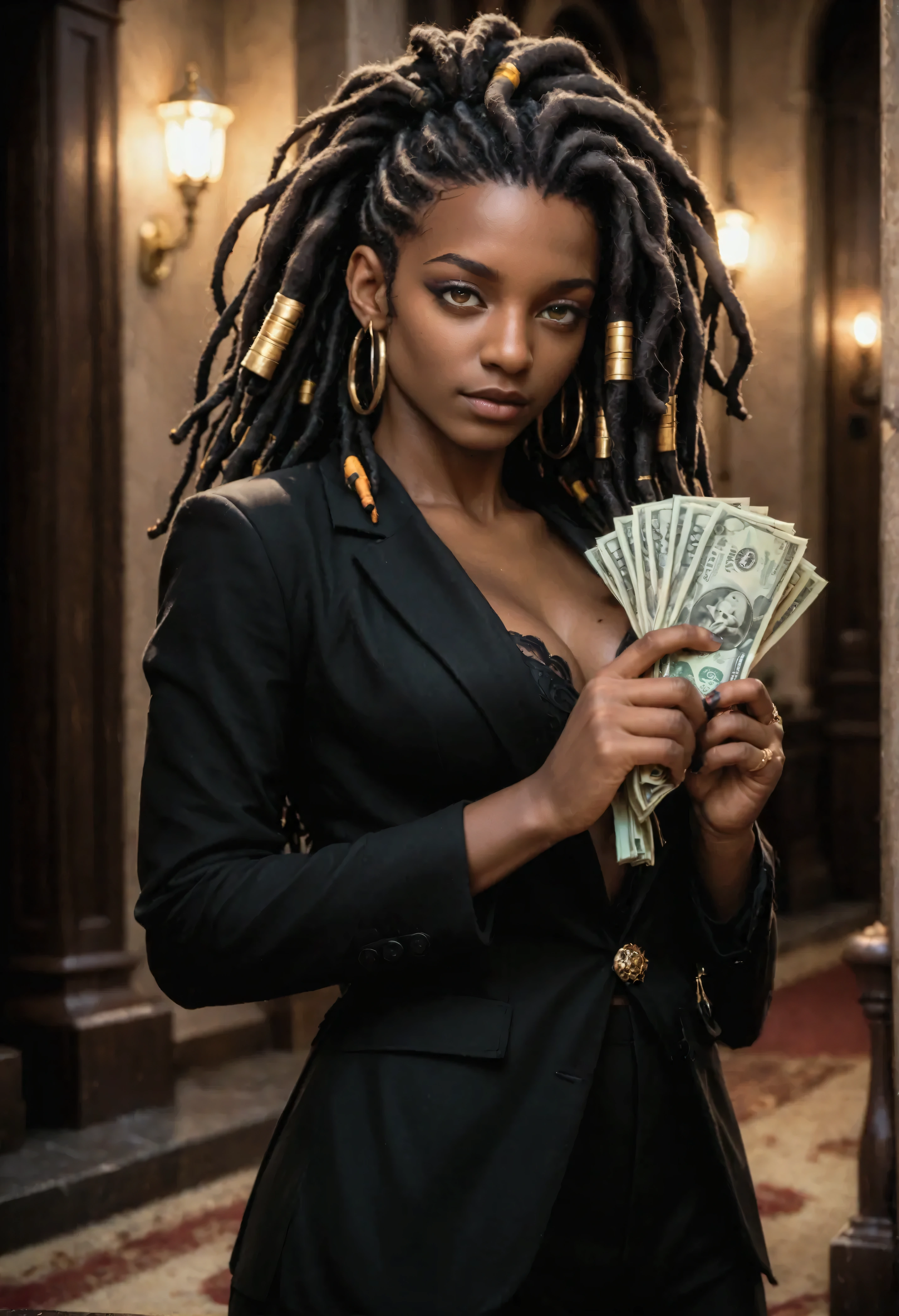 s holding a lot of money, with black skin and dreadlocks