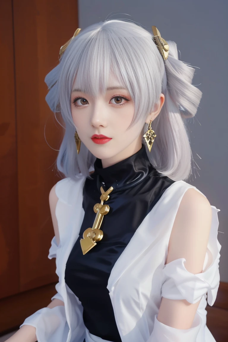  ulzzang-6500-v1  .1,(raw photo:1.2),((photorealistic:1.30)), ((best quality)) ,((masterpiece)),((Ultra High Resolution)), ((Clear View)),,Ultra-high resolution,Clear face,（Reality：1.4) ,  illustration, an extremely delicate and beautiful, extremely detailed ,CG ,unity ,8k wallpaper, Amazing, finely detail, masterpiece,best quality,official art,extremely detailed CG unity 8k wallpaper,absurdres, incredibly absurdres, huge filesize, ultra-detailed,  highres icon, extremely detailed,beautiful detailed girl, extremely detailed eyes and face, beautiful detailed eyes,light on face,cinematic lighting, 1girl, Alone, solo,  bangs, jewelry, earrings, drill hair, twin drills, grey hair, closed mouth, red eyes, hair between eyes, skirt, bare shoulders, grey skirt, hair ornament, jacket, pleated skirt, short sleeves, long hair,  shirt, vest, small breasts, belt, black shirt, breasts, open clothes, white jacket, medium hair, (masterpiece:1.6, best quality), (finely detailed beautiful eyes: 1.2), ultra-detailed, illustration,beautiful detailed eyes, looking at viewer, (standing:1.3), (upper body:1.3), indoor, room background