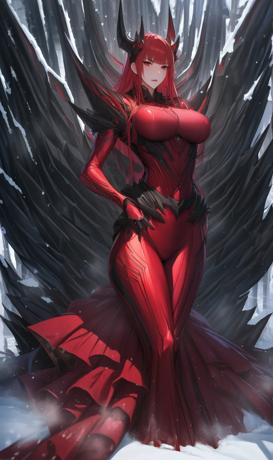 Masterpiece, very detailed, ultra detailed, one, (1 woman), athletic body, six press packages, she is in futuristic red armour with bright black details, in a stable and elegant position, super mature, tall, milf, mature mother, long hair, straight hair and straight bangs, bright red hair, red demonic horns, beautiful, charming, blood red eyes, elegant, big breasts, serious face, charming, against the background of snow, ice and winter.