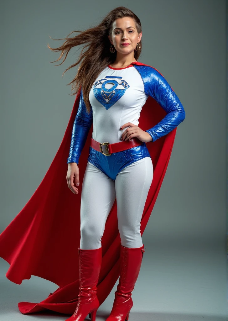 A SEXY LARGE BREASTE INDIAN MATURE WOMAN WITH LONG BROWN HAIR AND BANGS WITH BLUE EYES WEARING A WHITE AND BLUE LATEX SUPERHERO OUTFIT WITH A EMBLEM ON THE HER CHEST, A PAIR OF RED LEATHER SHINY STILETTO KNEE HIGH BOOTS WITH A WHITE LEATHER BELT, TALL HEELED BOOTS, AND A LONG RED CAPE. PHOTO REALISTIC, HYPER DETAILED AND TEXTURES