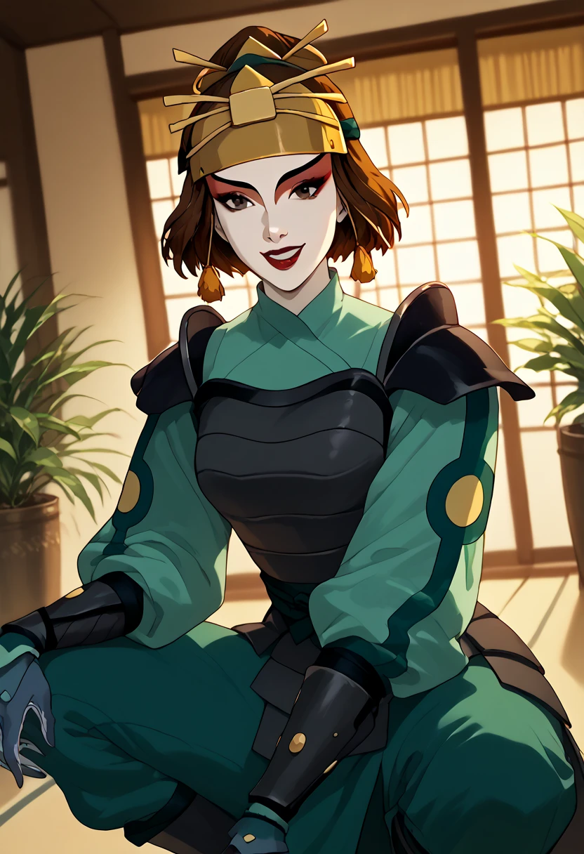 Suki, kyoshi warrior, short hair, brown hair, big brown eyes, makeup, lipstick, gloves, armor, hair ornament, in a room, crouching, beautiful smile, looking at the viewer, alone, cowboy shot, Dutch angle, her chest is very big, beautiful environment with plants in the background, dawn light illuminates the bedroom, sad gesture but with a bit of joy, pastel shades, scene of a beautiful dream with the perfect girl