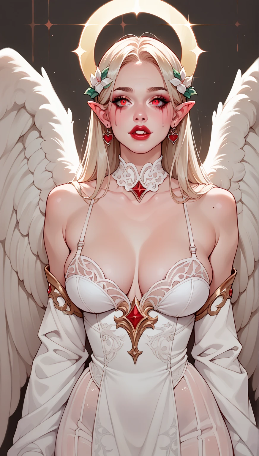  1 angel girl, angel in front,angel girl's clothes  exposing the angel girl's sweats, angel girl with face red with shame, high quality, highly detailed face and eyes , succubus long unahs,