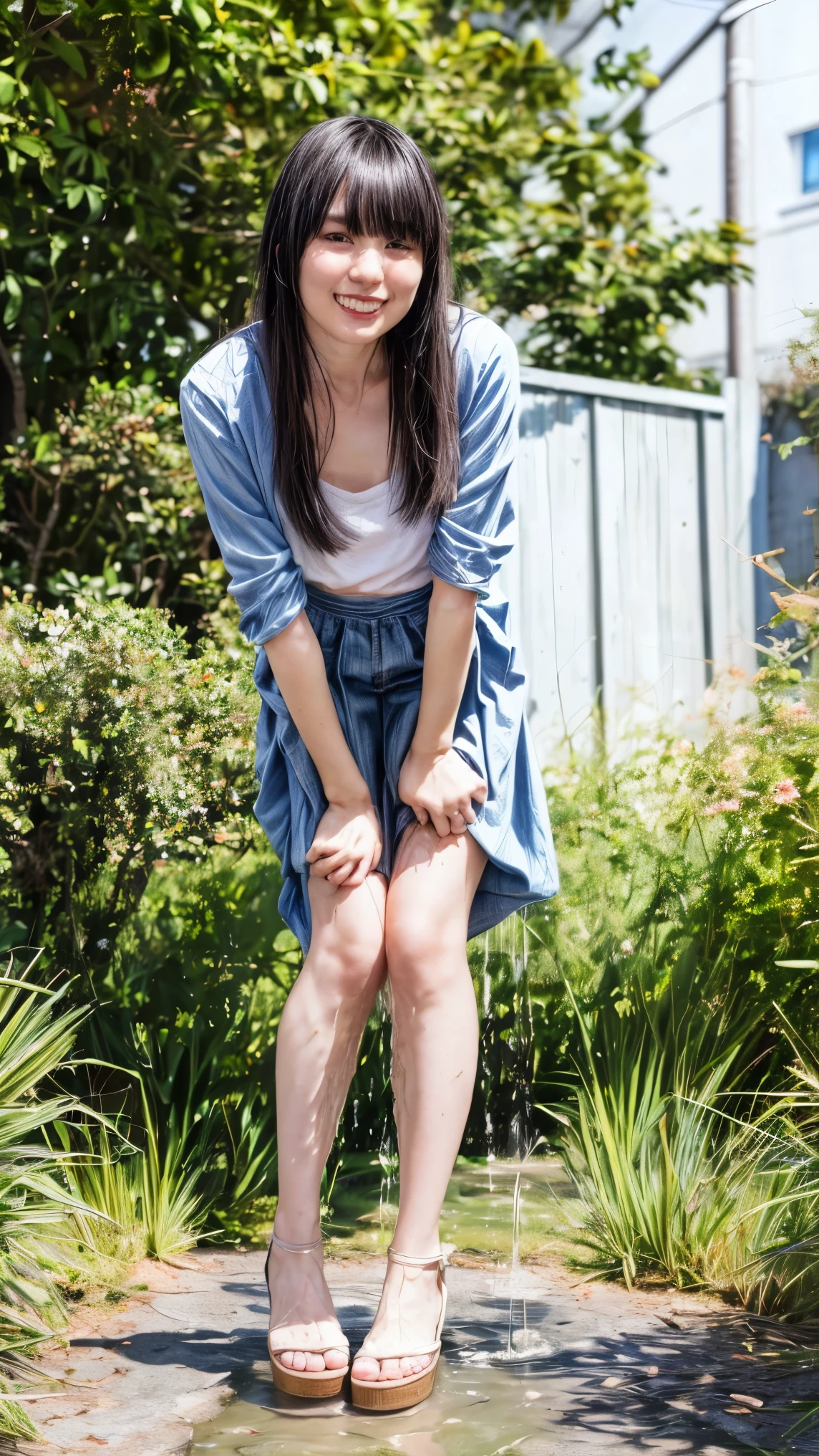 (realistic, photo-realistic:1.37), (masterpiece, best quality:1.2), RAW photo, high resolution, intricate details, full body, solo, a 22 years old Japanese woman, cheerful grin, straight long black hair with blunt bangs, (blouse,skirt, heel sandals), (flat chest), (standing leaning forward with spread legs apart, crossed arms:1.5), (detailed face, beautiful detailed eyes, beautiful pupils, sophisticated nose), fine-textured skin, pale skin, shiny skin, (peeing self, urination:1.4), pee puddle, photo background, outdoors, alley,,