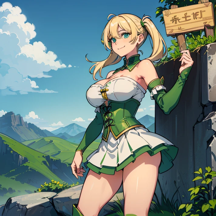 masterpiece, 8K Anime,super detailed, High resolution, 1 girl, alone, (hntsadlhorn, bare shoulders), green eyes, smile, (huge breasts:1.1), green under uniform＿superior, (skirt, very detailed),white panties, (legs spread:1.7, sexy pose),looking at the viewer, whole bodyショット, whole body, 