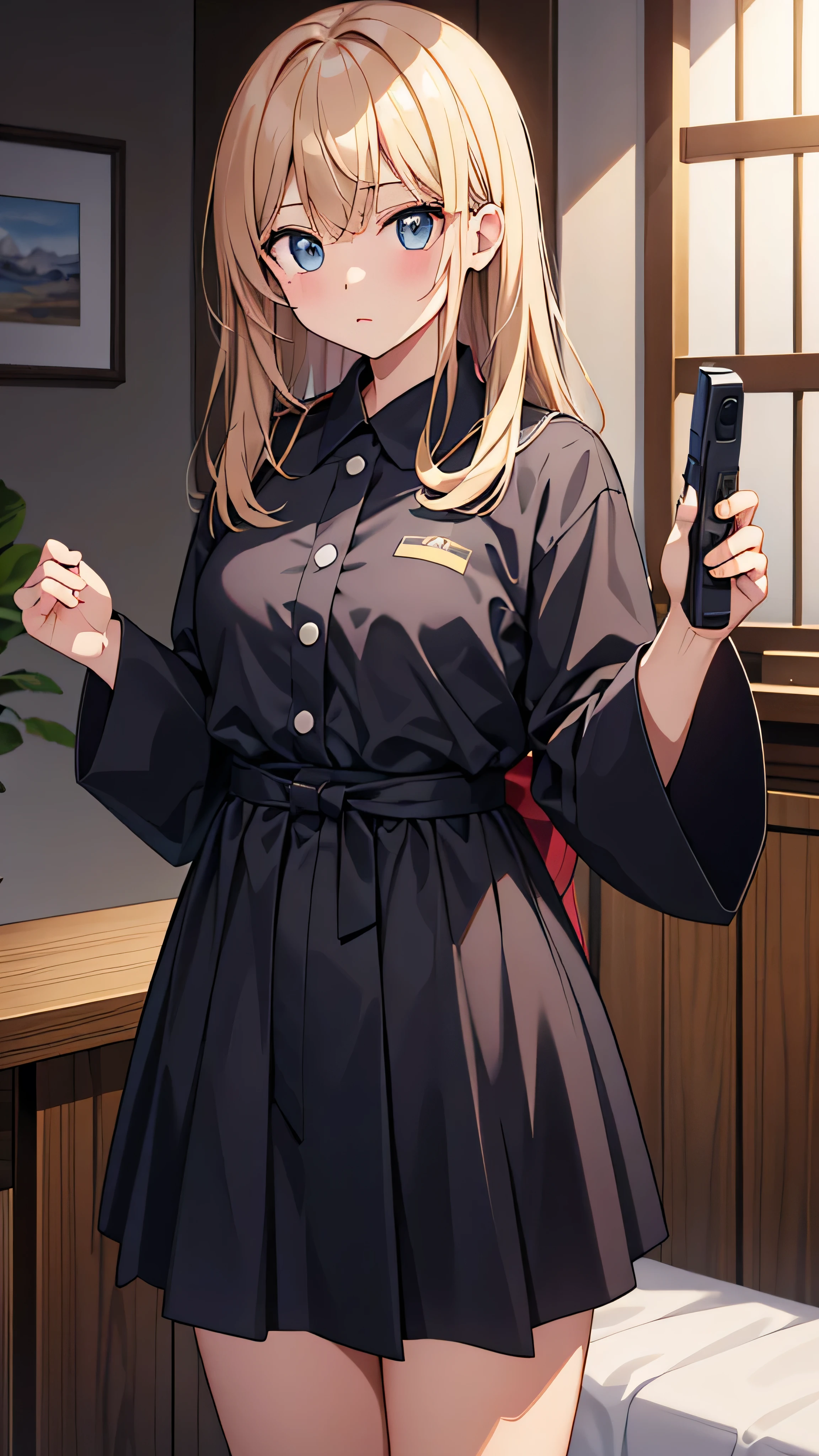  in high-definition images，Strange resolution ,  high res, (masterpiece: 1.4),  super detailed , Blond haired young woman dressed as a swat black cop,  blushing and excited expression ,  sticks out in front of her body and shoots a machine gun。