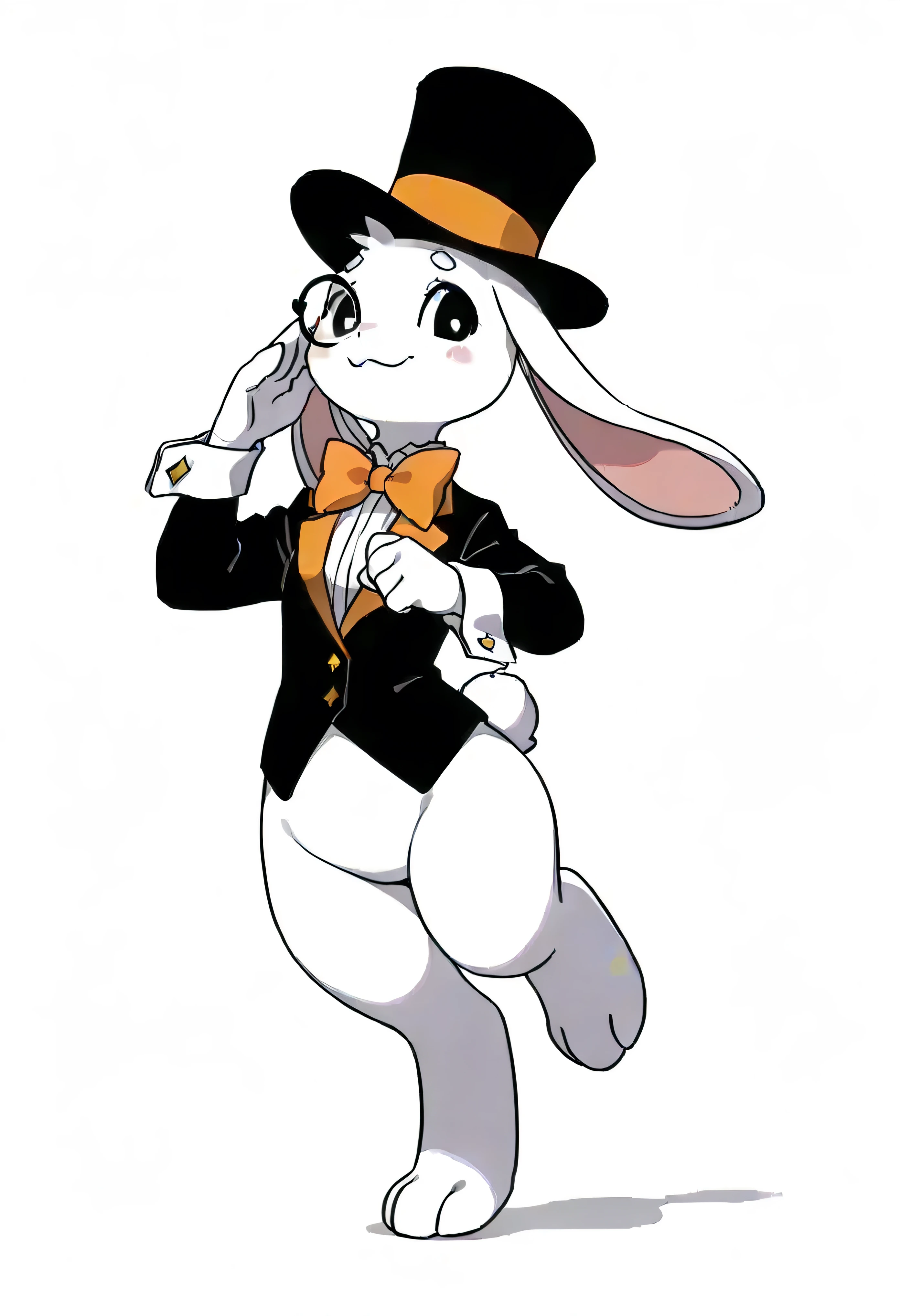 score_9,score_8_up,score_7_up,score_6_up,score_5_up,score_4_up, euler a, portrait,full body, epic, detail of drabbit lora, (drabbit 1.6), (e621 by zaush:0.26), 2D, flat_color, white background, detail face, Drabbit, a sophisticated anthropomorphic rabbit with two long ears and four legs, wearing a top hat and monocle, jumping/walking/laying/levitating, white fur, pink ears, orange bowtie, highly detailed, masterpiece, very expressive anime face, BREAK.