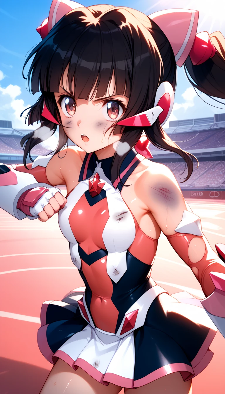  top quality ,  soft light during the cruise,  super high res,  cute, Beautiful face in every detail , high resolution details of human skin texture, shiny skin,sweat,Heat, white breath ,Take a deep breath,Tsukuyomi Cho, black hair,, battle costume,Outdoor Arena,sunlight, serious eyes,Ready,Big eyes, Symphogear ,armed gear , open mouth ,Fighting pose,bruised body, has a weapon , hair ornament, torn clothes , long hair