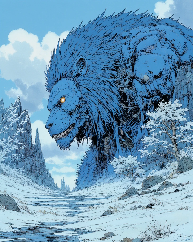 full view of a creature that is a mix of a lion with a Yeti. It's Large body has a beautiful Blue color. This creature has a Meticulous personality and lives in an Arctic habitat. done in anime style
