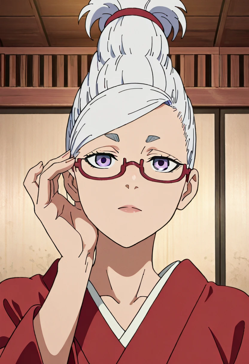 1 MATURE WOMAN ,    Seiko Ayase Dandadan   ,     Very pretty white-haired woman wearing glasses   , intricate fine details,  Temple configuration   ,   with no expression on her face    , mental reprogramming,      she awaits your order in a position of reverence to her master ,    she wears a red kimono ,  she recognizes him as her master     (  Mind Control) 