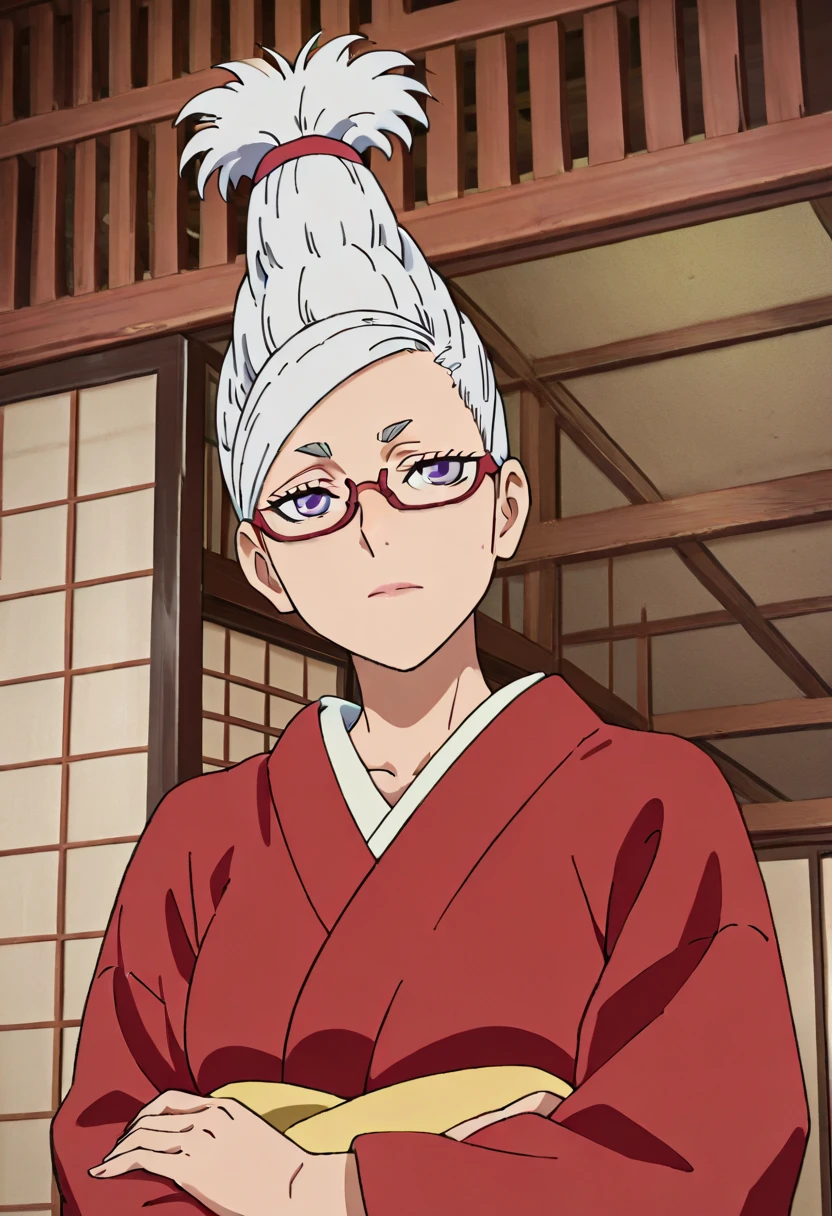 1 MATURE WOMAN ,    Seiko Ayase Dandadan   ,     Very pretty white-haired woman wearing glasses   , intricate fine details,  Temple configuration   ,   with no expression on her face    , mental reprogramming,      she awaits your order in a position of reverence to her master ,    she wears a red kimono ,  she recognizes him as her master     (  Mind Control) 