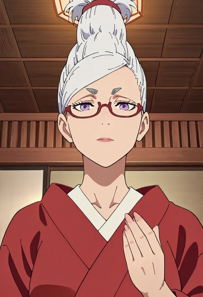 1 MATURE WOMAN ,    Seiko Ayase Dandadan   ,     Very pretty white-haired woman wearing glasses   , intricate fine details,  Temple configuration   ,   with no expression on her face    , mental reprogramming,      she awaits your order in a position of reverence to her master ,    she wears a red kimono ,  she recognizes him as her master     (  Mind Control) 