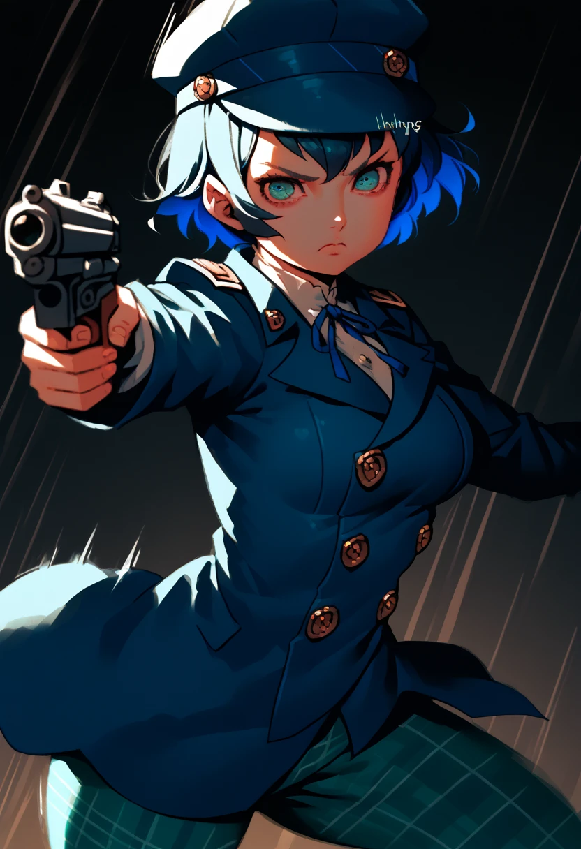 score_9, score_8_up, score_7_up, score_6_up, source_anime, b3llh3ng3, expressive eyes, perfect face, bloom, post-processing,
1 girl, naotodancing, blue hair, blue eyes, mature woman, curvy body, medium breasts, cabbie hat, blue coat, buttons, neck ribbon, long sleeves, green pants, plaid,, serious expression, determined eyes, holding a gun, ((aiming the gun)), motion blur, motion lines, diagonal overhead view, dynamic pose, perspective, action scene , BREAK, police station scene, ((dark lighting, backlight)), paperwork, desk