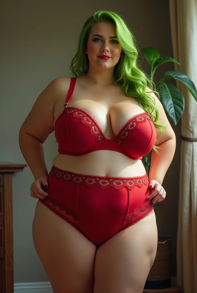 hyper realistic image of a plus size woman in red lingerie sitting on a bed