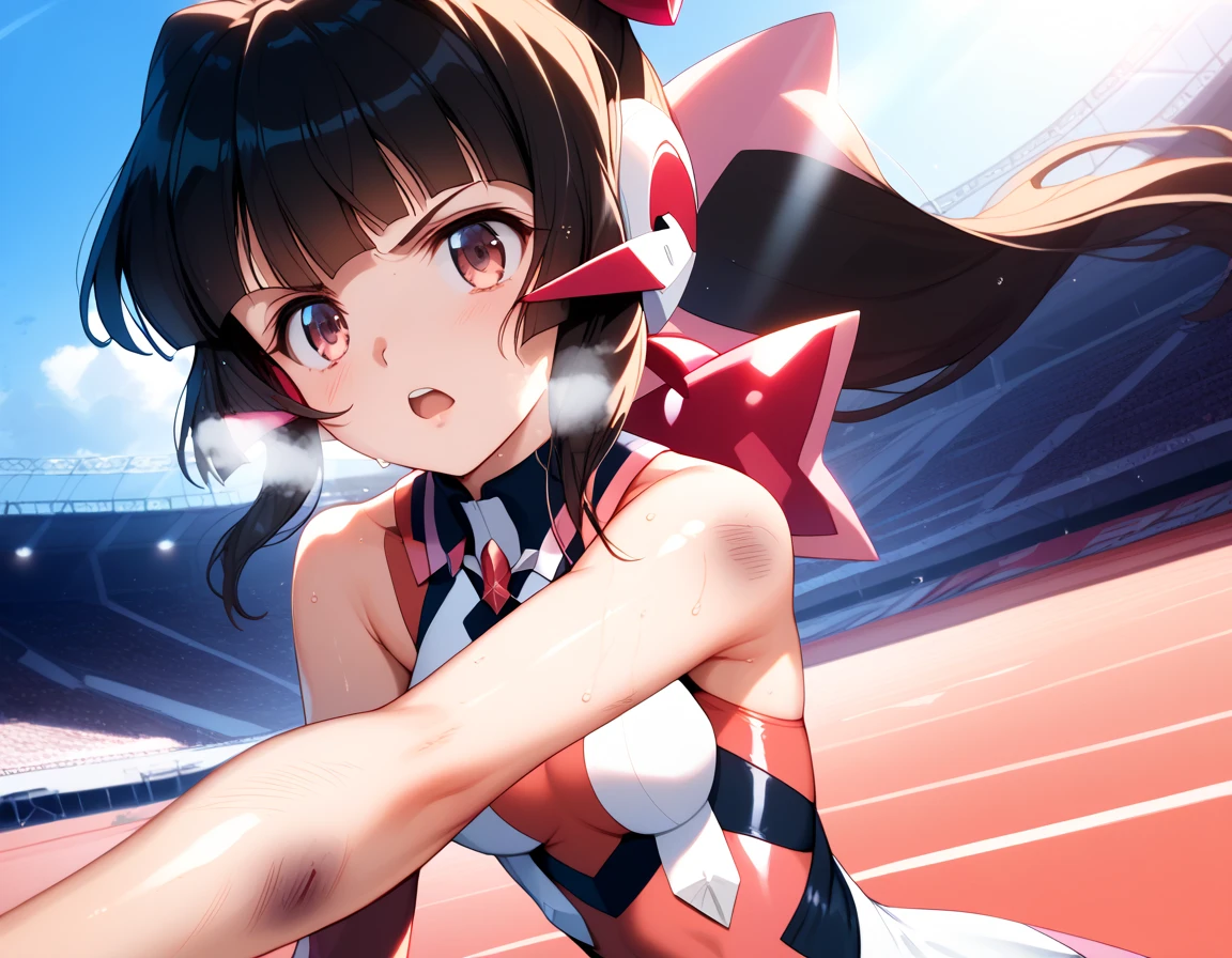  top quality ,  soft light during the cruise,  super high res,  cute, Beautiful face in every detail , high resolution details of human skin texture, shiny skin,sweat,Heat, white breath ,Take a deep breath,Tsukuyomi Cho, black hair,, battle costume,Outdoor Arena,sunlight, serious eyes,Ready,Big eyes, Symphogear ,armed gear , open mouth ,Fighting pose,bruised body, has a weapon , hair ornament, torn clothes , long hair