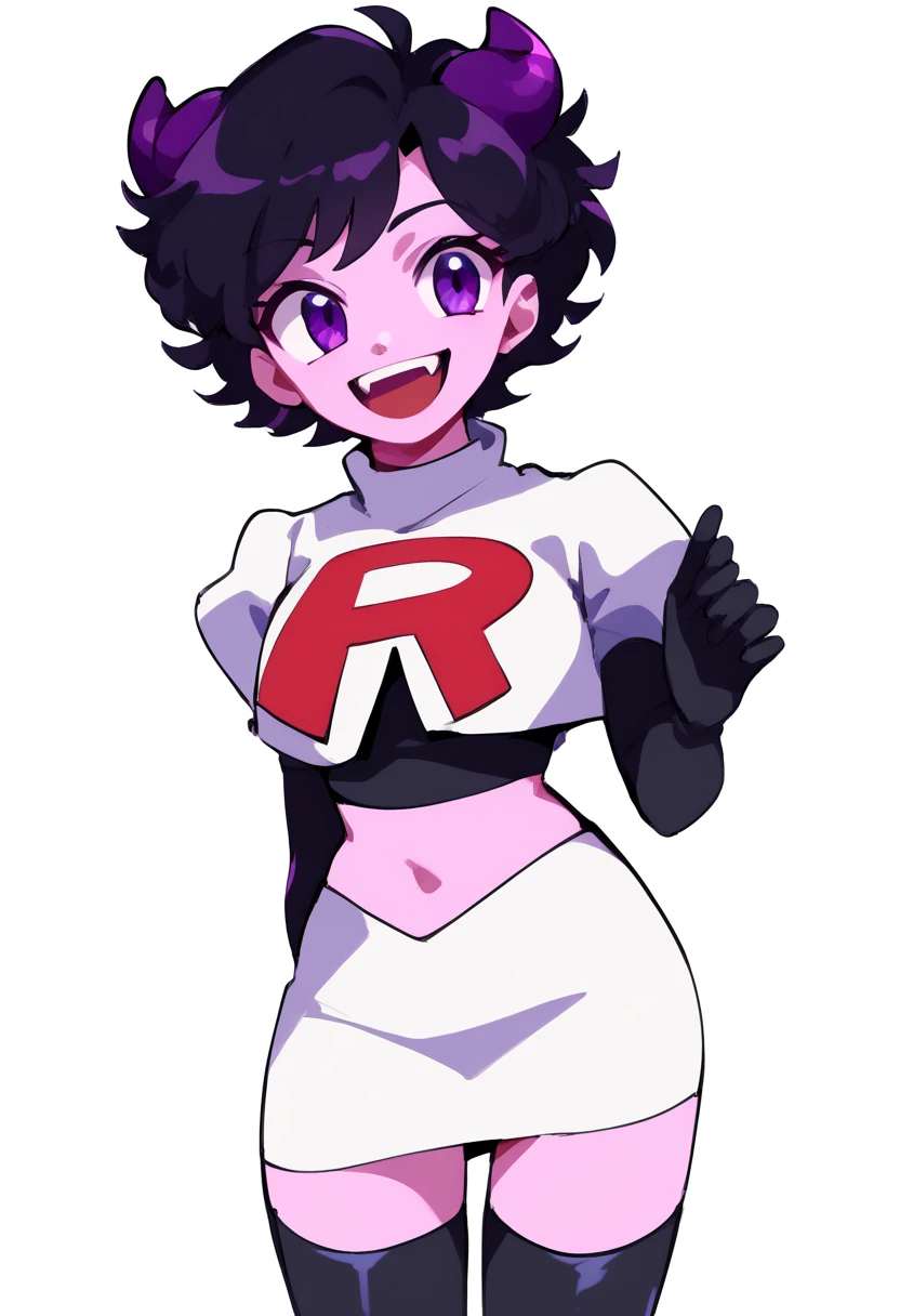 jellybean_yt, solo, looking at viewer, smile, short hair, open mouth, black hair, 1girl, white background, purple eyes, female focus, horns, teeth, colored skin, fangs, team rocket,team rocket uniform,white skirt,red letter R,crop top,black thigh-highs,black elbow gloves, source