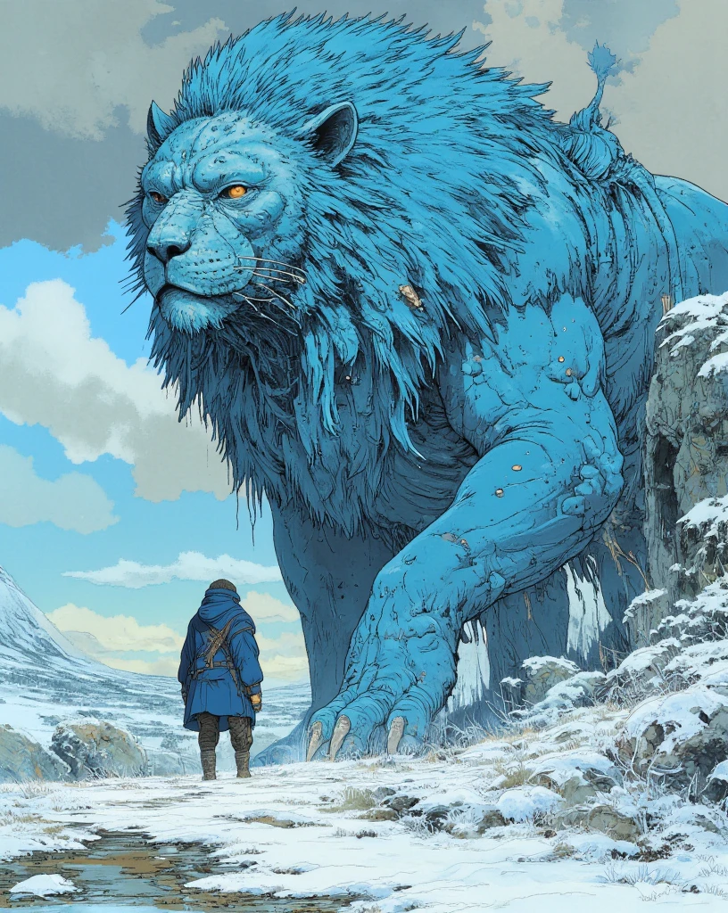 full body shot view of a creature that is a mix of a lion with a Yeti. It's Large body has a beautiful Blue color. This creature has a Meticulous personality and lives in an Arctic habitat. 
