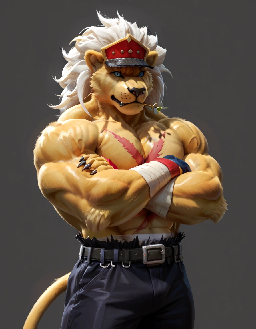 banchouleomon, large scar on chest, small stick with a leaf in mouth, simple background, detailed, half body, half view, ((very heavyweight, muscular)), fur, furry body, very muscular, stern face, big head, ((front view, facing viewer)), looking at viewer, ((glistening body, shiny fur)), ((arms crossed)), pants, belt, white lion's mane