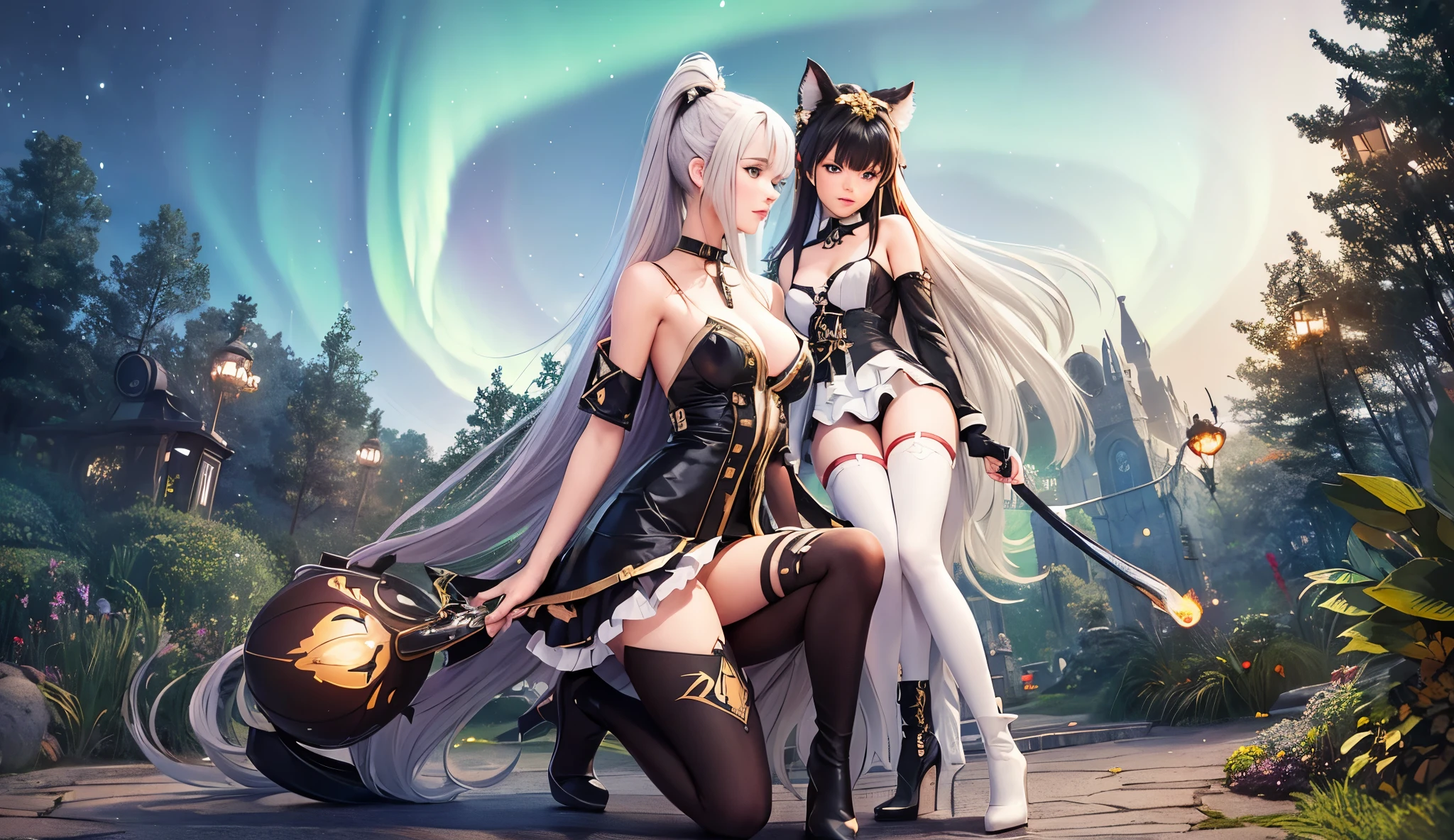 Evergarden, full body open furry costume with feet, girl with kittens and ponytail, tiger eyes, extra long hair, Ariana, She wears Red knee-high high heel platform boots. stiletto heel. white-black tiger print color to show off. clothes like full body open dresses. she also has bright brown eyes. The setting is a green forest, with northern lights and floating orbs. She has platinum Red hair.