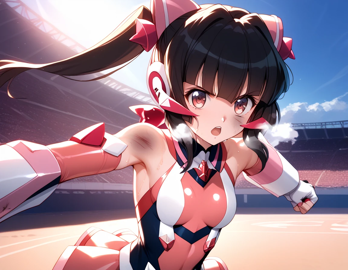  top quality ,  soft light during the cruise,  super high res,  cute, Beautiful face in every detail , high resolution details of human skin texture, shiny skin,sweat,Heat, white breath ,Take a deep breath,Tsukuyomi Cho, black hair,, battle costume,Outdoor Arena,sunlight, serious eyes,Ready,Big eyes, Symphogear ,armed gear , open mouth ,Fighting pose,bruised body, has a weapon , hair ornament, torn clothes , long hair