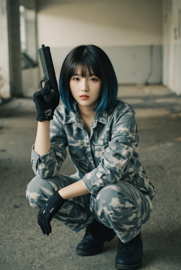 One beautiful girl, Dark blue hair,  bob cut, Double eyelids,  big eyes,  well-prepared face,  thin lips,  pink lips,  serious expression, Fine skin, Grey Urban Camouflage Suit ,  military gloves , Roll up your sleeves, Pistol in hand,  military boots ,  Shooting Position Standing on One Knee , Full body portrait, Inside an abandoned building, Dusty air,  charming,  beautiful girls, ((  delicate facial features ,  eroticism)), Dramatic lighting ,  realistic  , 8k,  dramatic shadows ,  Intricate and Elaborate Patterns  ,  is  ,  beautiful color , Soft Shadows,  mystical atmosphere,  Clean Composition,  super real 、Pictorial composition、