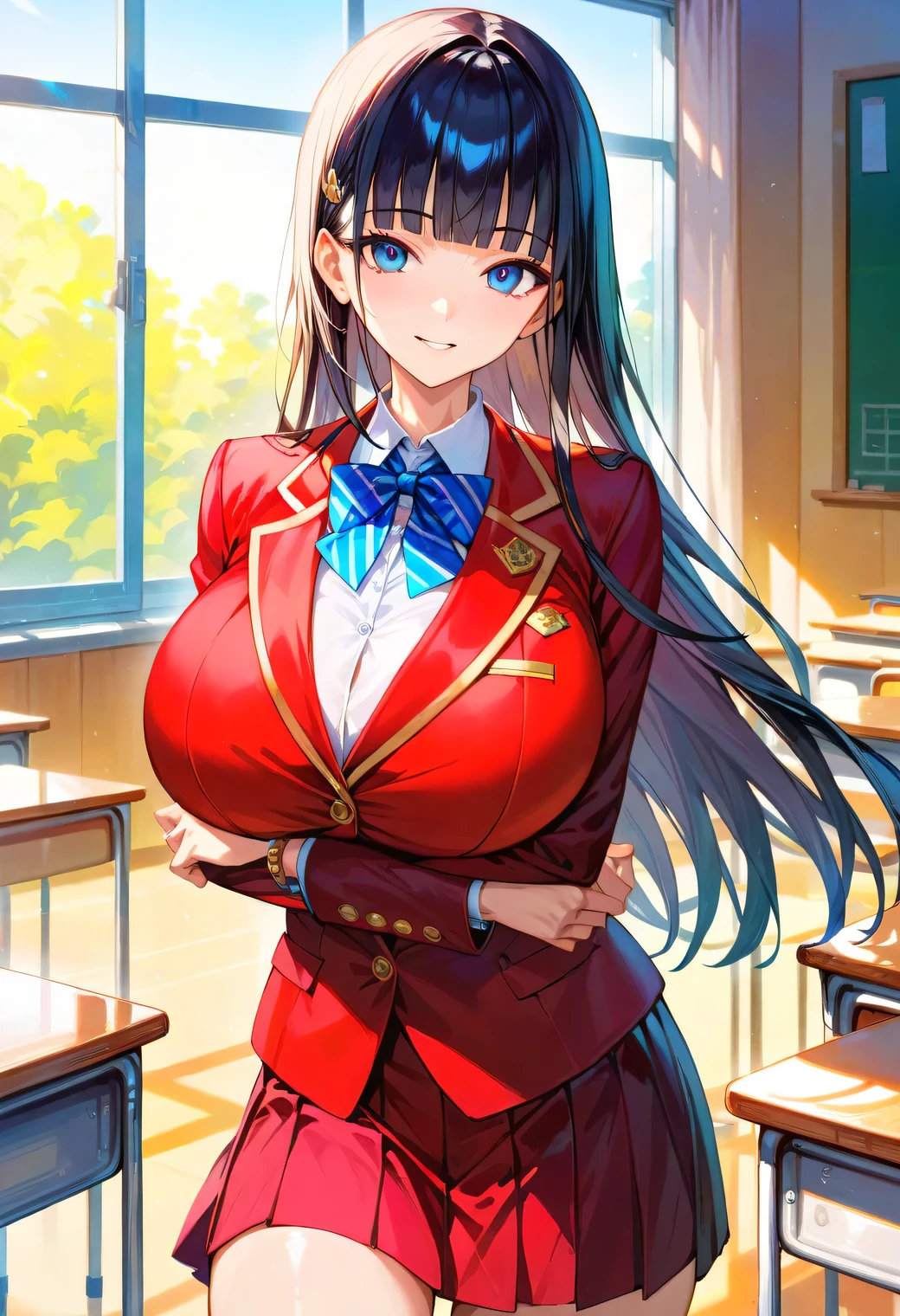 score_9, score_8_ up, 4K, 8k,  detailed face ,  Source_Anime,  Complicated - Detailed , BREAK 1girl, huge breasts,  long hair,  black hair, blunt bangs,  blazer,  bracelet ,   skirt, Student Council President,  Smooth skin , rating_, classroom,  No Emotion, 