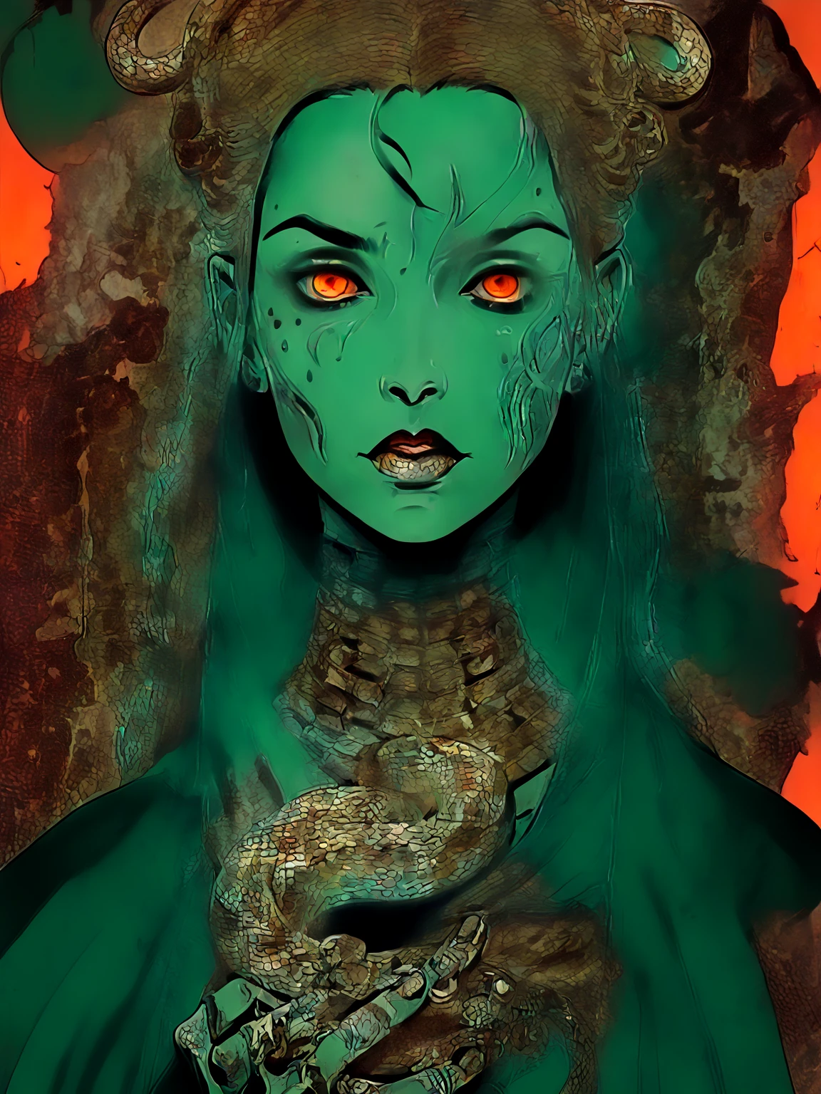 Medusa, splash page decompressed comic cover art, ink style figure, ((expressive Joelle Jones and "Sean Gordon Murphy" comic drawing)), wordless, cinematic poster, morphology anatomy drawn Frederic Delavier musculature anatomical illustration, (face, ornate blackmetal corpsepaint, resembles Grace Jones), full length portrait, (background, pine barrens, entropy, rewilding, magic hour sunset, galaxy stars, cosmos), (colors, bleak muted deep fiery radiant glowing ROYGBIV, forest green, earth brown), candid, snake skin dress, (body, Naga, snakefolk, lower body snake tail, snake woman hybrid, bald, hairless, skeleton, snake skin tattoos, piercing eyes, snake pupils, over the shoulder), abyss void black no visibility darkness, craftsmanship nuance, (Gerardo Zaffino charcoal), (horror, abstract, surreal, body, cosmic), subliminal orchids, nyctophobia, silhouette, double exposure, image within image, unfinished expressive rough-sketch
