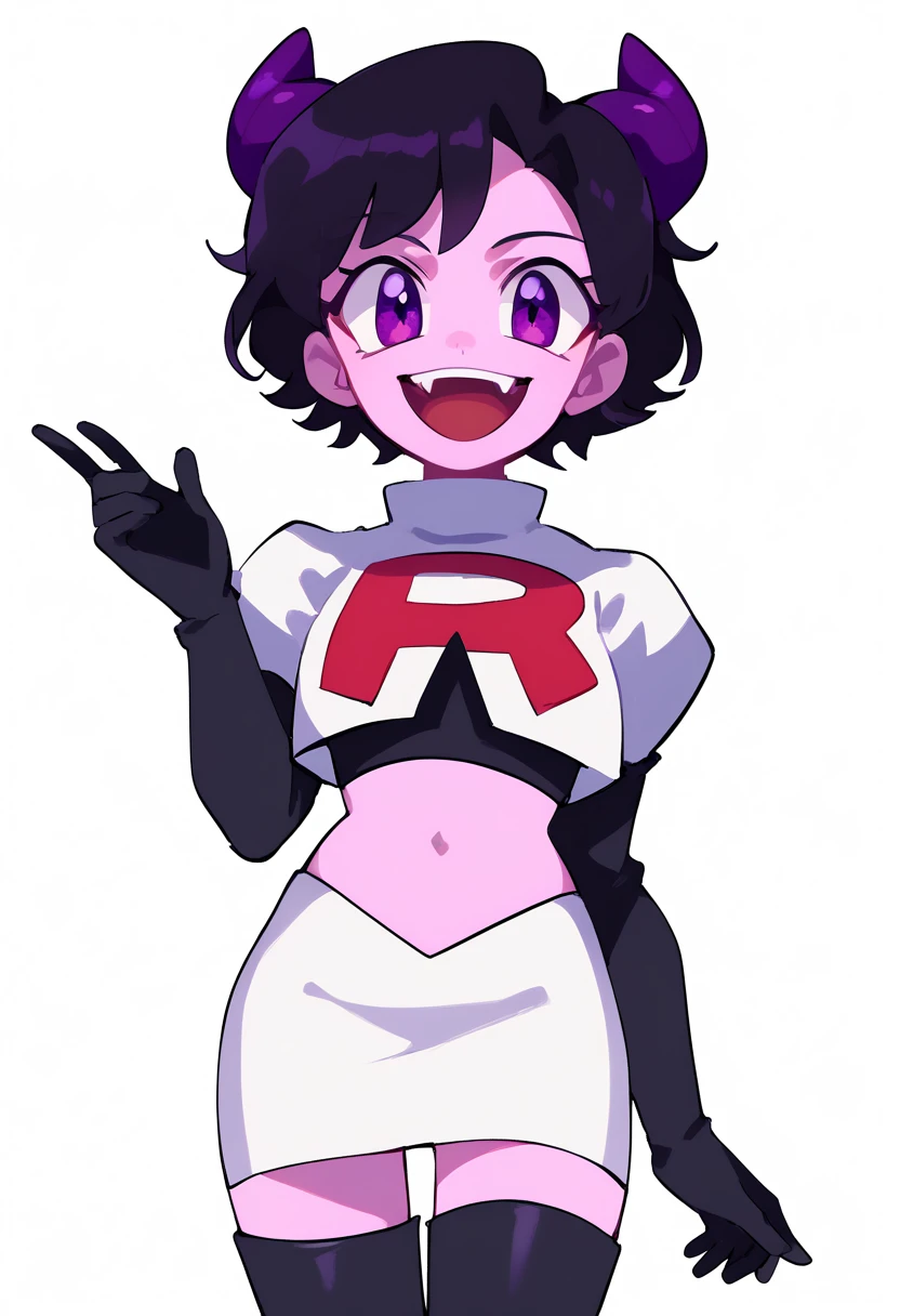 jellybean_yt, solo, looking at viewer, smile, short hair, open mouth, black hair, 1girl, white background, purple eyes, female focus, horns, teeth, colored skin, fangs, team rocket,team rocket uniform,white skirt,red letter R,crop top,black thigh-highs,black elbow gloves, source