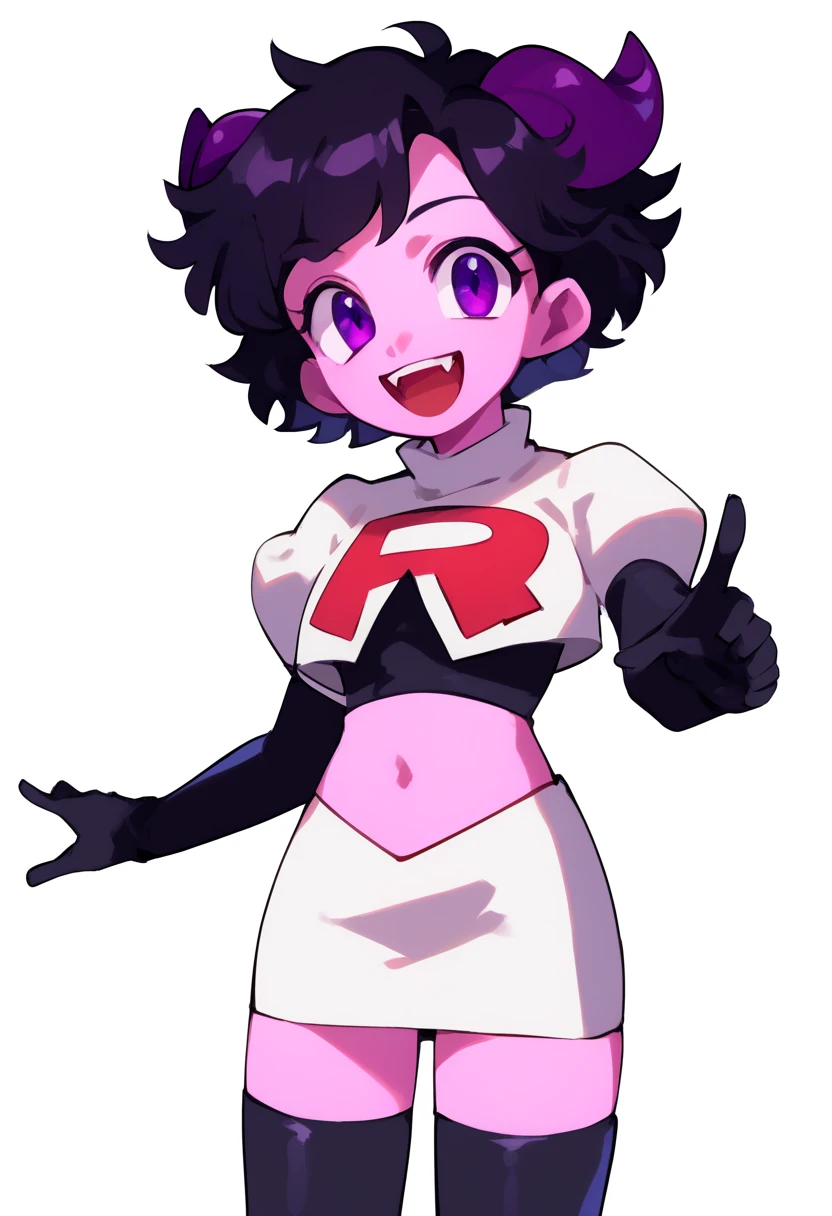 jellybean_yt, solo, looking at viewer, smile, short hair, open mouth, black hair, 1girl, white background, purple eyes, female focus, horns, teeth, colored skin, fangs, team rocket,team rocket uniform,white skirt,red letter R,crop top,black thigh-highs,black elbow gloves, source