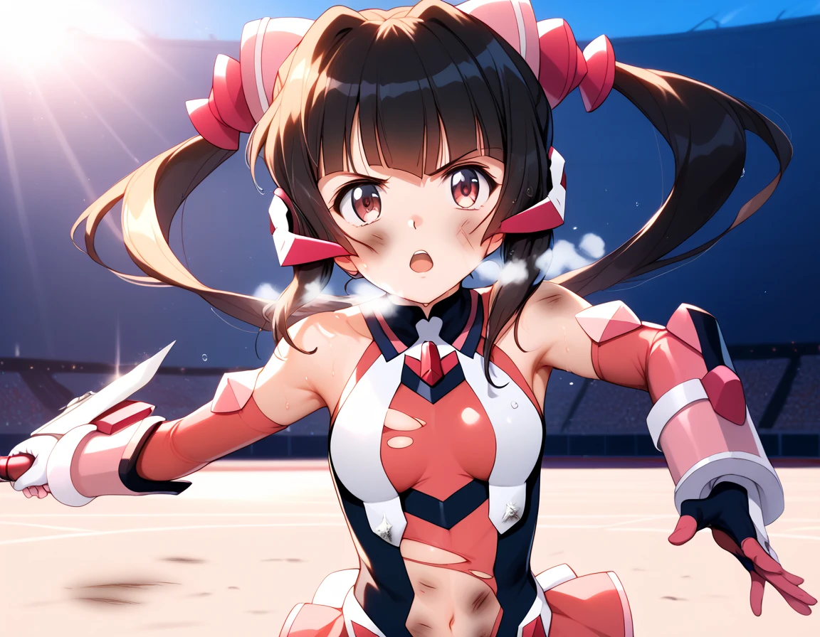  top quality ,  soft light during the cruise,  super high res,  cute, Beautiful face in every detail , high resolution details of human skin texture, shiny skin,sweat,Heat, white breath ,Take a deep breath,Tsukuyomi Cho, black hair,, battle costume,Outdoor Arena,sunlight, serious eyes,Ready,Big eyes, Symphogear ,armed gear , open mouth ,Fighting pose,bruised body, has a weapon , hair ornament, torn clothes , long hair