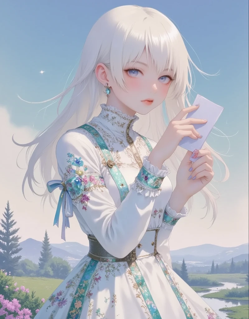 1girl, long straight hair, portrait, white hair, sharp eyes, flat anime , she has love letter and raise up in hand, outdoor, ribbon, frill dress, long eyelashes, cute, extreme aethetic,