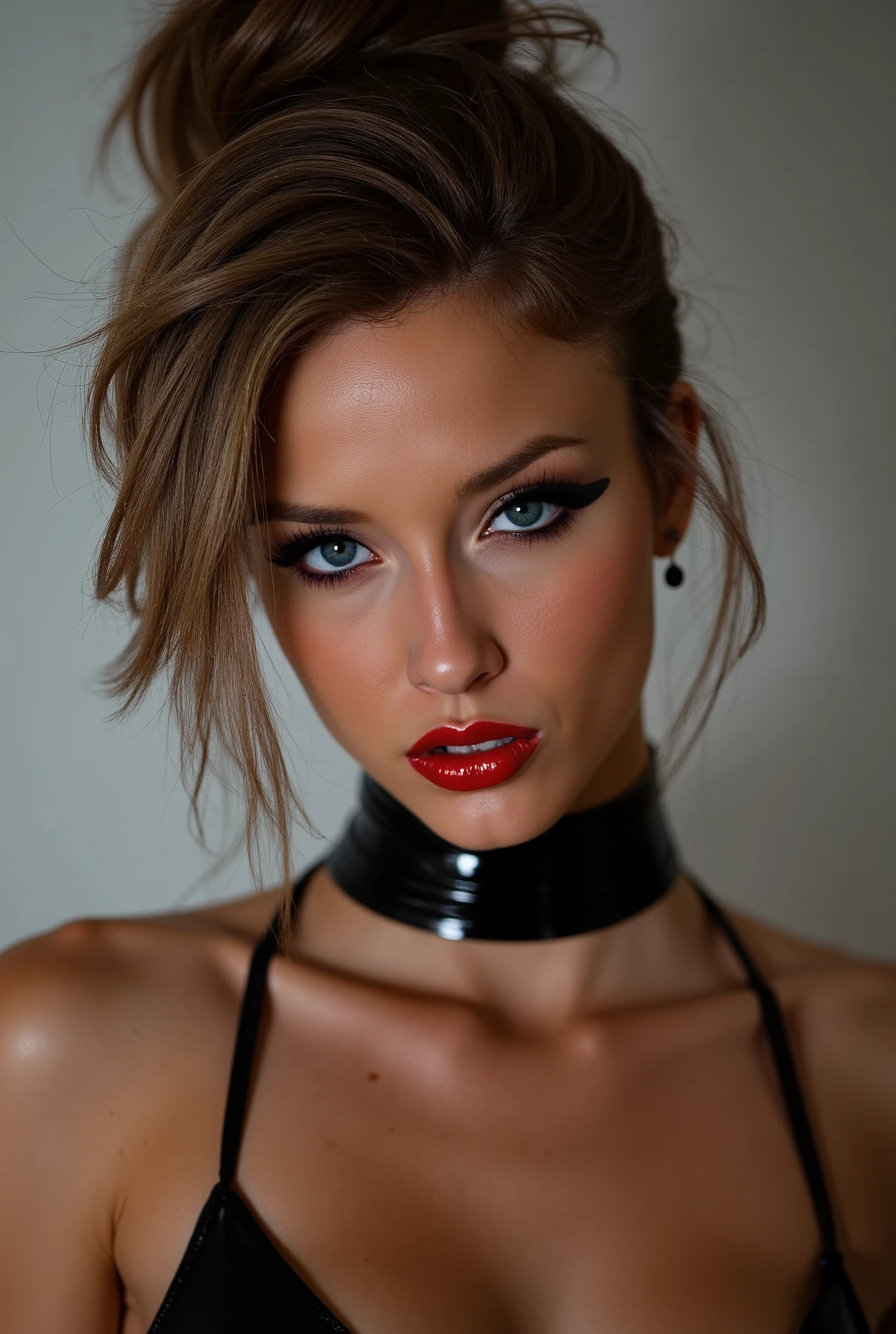 Beautiful girl, red lip gloss, eyeliner flicks, red lip gloss, sexy, latex catsuit, latex choker, latex collar, extreme makeup, shiny lips