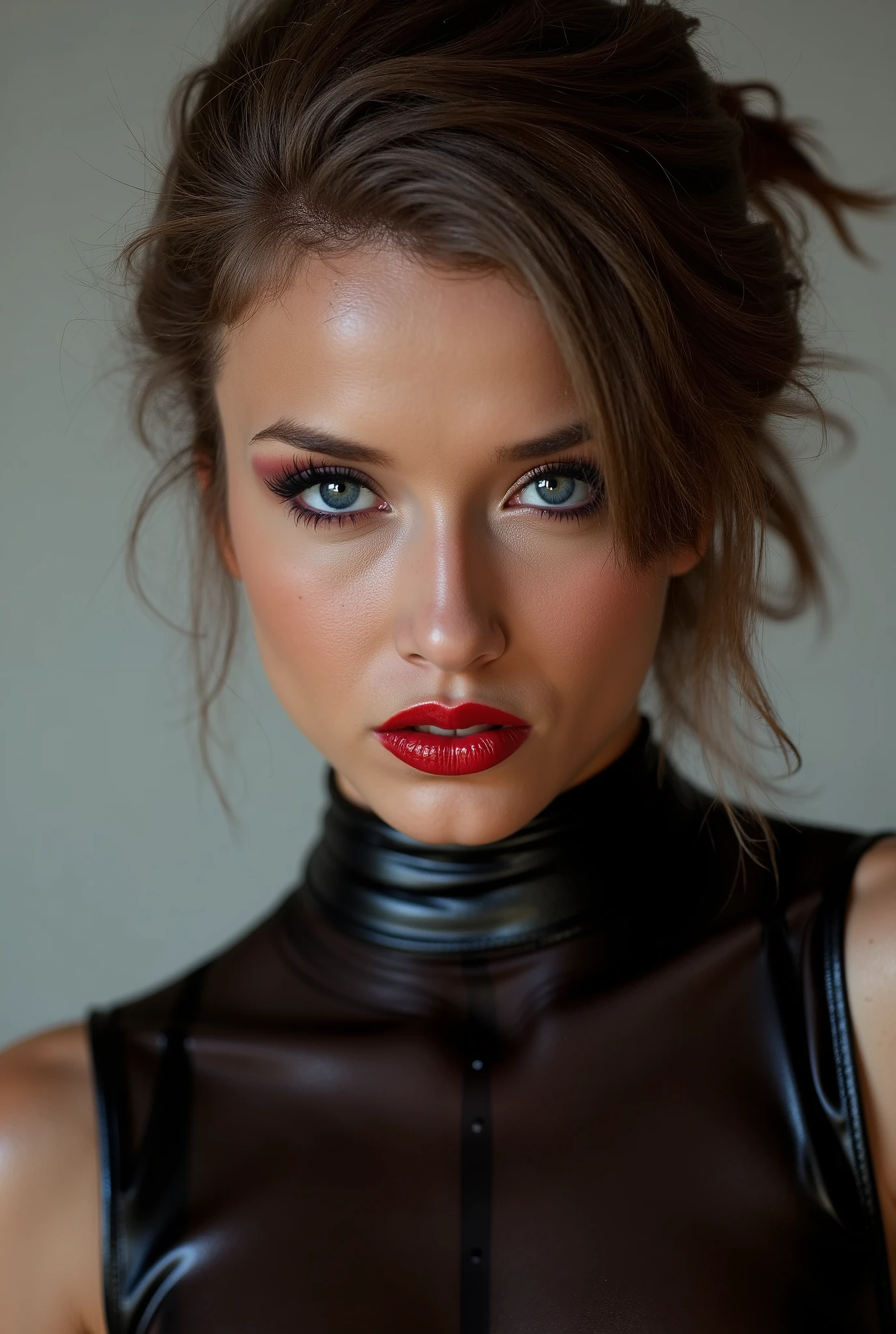 Beautiful girl, red lip gloss, eyeliner flicks, red lip gloss, sexy, latex catsuit, latex choker, latex collar, extreme makeup, shiny lips