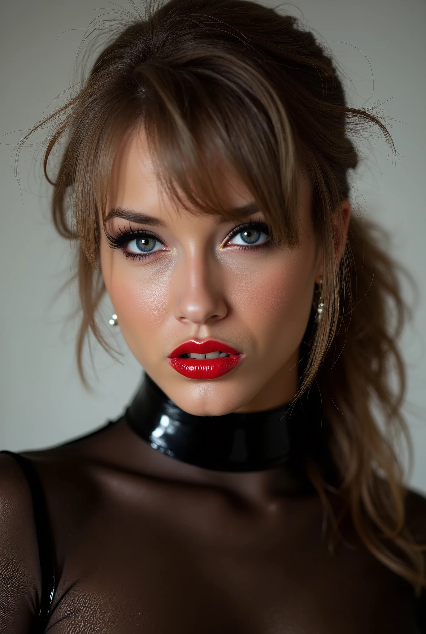 Beautiful girl, red lip gloss, eyeliner flicks, red lip gloss, sexy, latex catsuit, latex choker, latex collar, extreme makeup, shiny lips