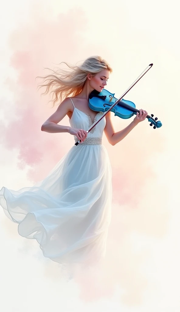 Water Color on paper
White, light pink and light Blue
They are like a beautiful lady, play light blue  violin
Background, pink, white, and blue, abstrak