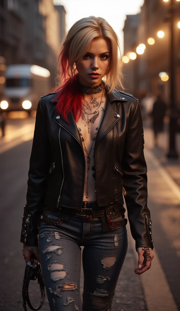 Feminine punk girl with blond hair combed to the right and dyed red hair ends, in a leather biker jacket, torn jeans with patches, a detailed face, brown eyes, a pretty nose with a small ring-piercing in the left nostril, the girl walks along the street of evening autumn St. Petersburg, in the background the setting sun,