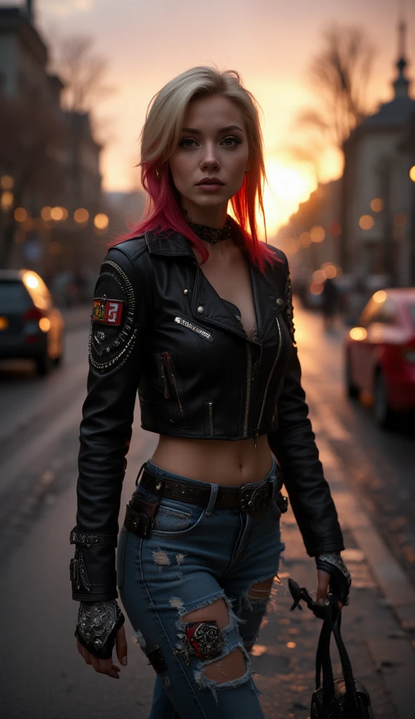 Feminine punk girl with blond hair combed to the right and dyed red hair ends, in a leather biker jacket, torn jeans with patches, a detailed face, brown eyes, a pretty nose with a small ring-piercing in the left nostril, the girl walks along the street of evening autumn St. Petersburg, in the background the setting sun,