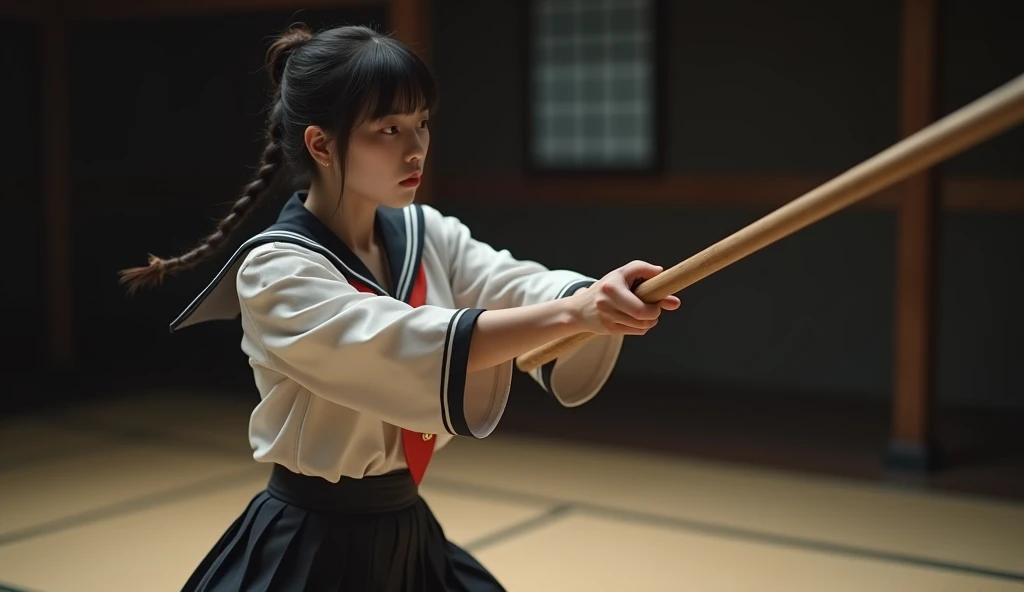 ((profile, standing Kyudo style)), (left hand holding a japanese long bow:1.2), (Push forward left hand holding on japanese long bow), (solo:2, 15 yo) (detailed beautifu blunt bangs:1.3) (beautiful sexy black hair very long hair) (beautiful shrine maiden girl) (detailed sexy closed eyes) (serious face, glossy lip) (medium tits), break, in a white Kyudo uniform, break, in the japanese Archery range, BREAK, perfect anatomy, masterpiece, best quality, 16k, beautiful detailed grow, daydreaming expression.